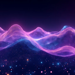 Wall Mural - abstract digital landscape with glowing purple and blue waves and sparkling particles against a dark