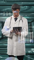 Wall Mural - male doctor using digital tablet against screens with medical data processing