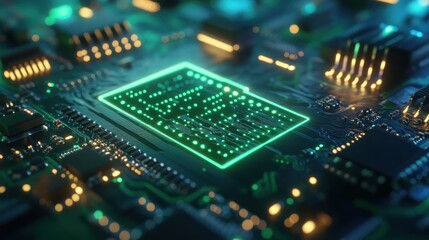 Wall Mural - macro detailed shot of computer circuit board with neon lights