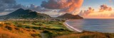 St Kitts And Nevis Panorama: Beautiful Sunset Over Basseterre Capital City with Green Mountains and Beach in Caribbean Paradise