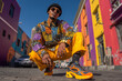 © AdeMaulana - AI-generated image – A stylish man in bold, colorful fashion crouches on a city street with vibrant buildings and a clear blue sky.