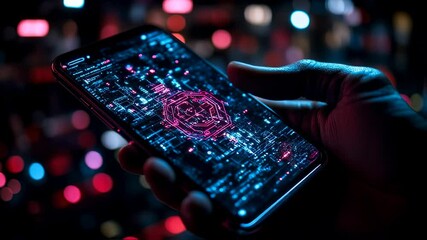 Person holding a smartphone displaying a data visualization against a bokeh background