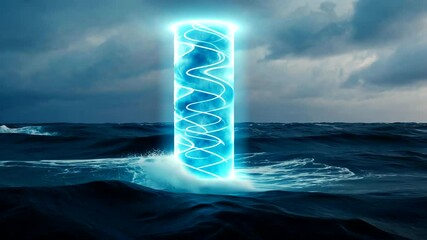 Wall Mural - a luminous blue energy pillar rises from turbulent ocean waters under a dramatic cloudy sky