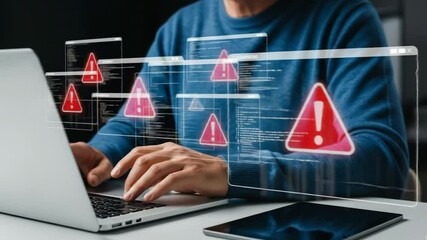 person typing on a laptop with multiple warning signs displayed on transparent screens overlaying it