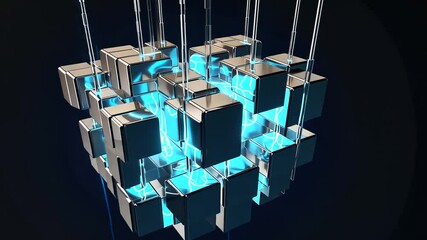 Wall Mural - abstract 3d rendering of illuminated cubes connected by transparent rods in a dark environment