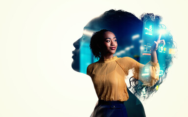 Wall Mural - Collage of female silhouette and digital technology images. Wide angle visual for banners or advertisements.