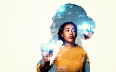 Wall Mural - Collage of female silhouette and digital technology images. Wide angle visual for banners or advertisements.