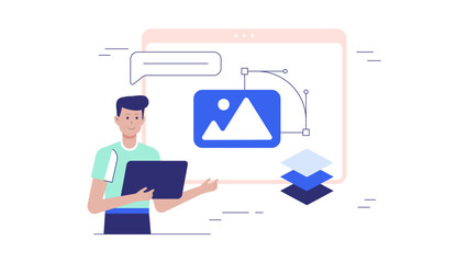 Product designer drawing app wireframes on tablet flat vector illustration