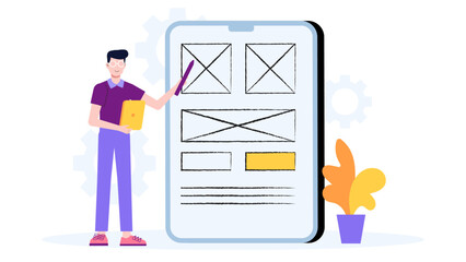 Product designer drawing app wireframes on tablet flat vector illustration