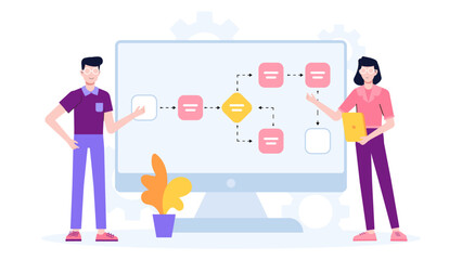 UX team reviewing user flow diagrams flat vector illustration