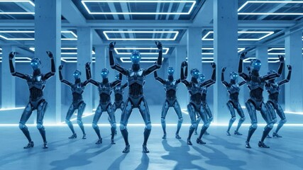 Robots Stand Together in a Futuristic Setting With Glowing Lights at a Technology Event