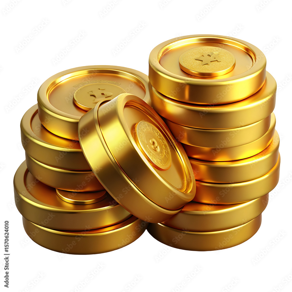 Realistic render of stacked gold coins with detailed embossed symbols ...