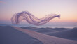 © Chookeit - Surreal sunset desert landscape with flowing translucent fabric floating over sand dunes and ocean horizon in soft pastel colors, dreamlike atmosphere and minimal natural beauty