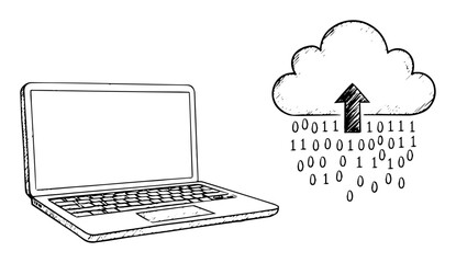 laptop uploading binary data to the cloud vector sketch