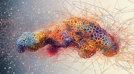 Abstract render of a colorful animal with a honeycomb pattern and wireframe background design