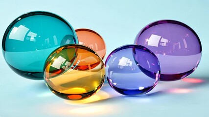 Wall Mural - colorful glass spheres casting reflections on a light blue background, creating a vibrant atmosphere
