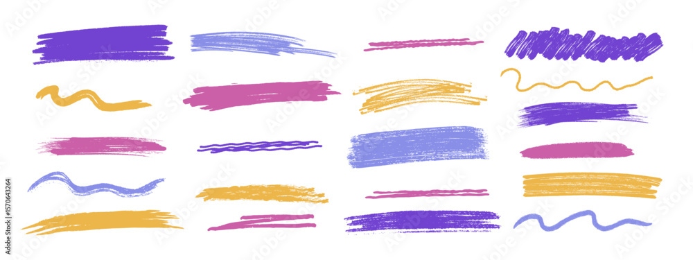 Multicolored chalk underline and scrawl brush stroke set. Hand drawn ...