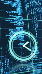 Wall Mural - animation of clock moving over data processing on navy background