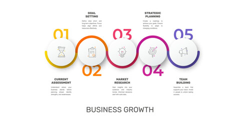 Modern and simple flat vector illustration. Infographic template with five circles, elements, sectors and percentages. Designed for business, presentations, web design, interface 5 step diagrams