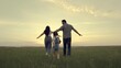 © TO LOVE - A happy family runs across the field with a small child at sunset in the sky, running mom, dad and kid are jumping cheerfully in the field in the evening, the team is traveling cheerfully playing.