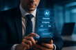 © FAQIR - Businessman interacting with smart AI chatbot interface for business, AI chatbot, artificial intelligence, smart assistant, ChatGPT concept, business automation, enterprise AI, tech innovation