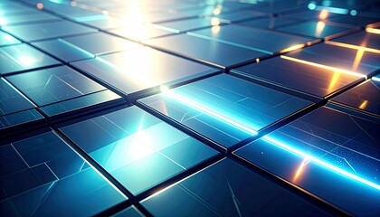 illuminated glass grid with neon teal lights and abstract technology-inspired layout.