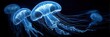 © Ameen - A group of blue jellyfish swimming in dark water with long tentacles and glowing bioluminescence effect