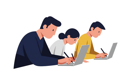 People working together on laptops business and technology illustration