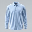 © ary24 - A pale blue, long-sleeved, button-down dress shirt is shown against a neutral gray background.  The shirt is wrinkle-free and appears to be made of a smooth, possibly synthetic, fabric