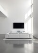 © Creative Canvas - A serene minimalist living room with a white sofa placed opposite a sleek tv on the wall the room is characterized by its simplicity with light colors and modern furnishings creating a tranquil Em