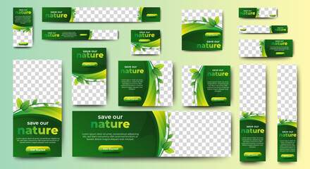 Wall Mural - green banner design web template set, horizontal header web banner. modern gradient green cover head