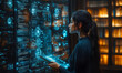 © Bartek - Woman using digital tablet analyzing futuristic transparent screen with data interfaces in high tech dark room
