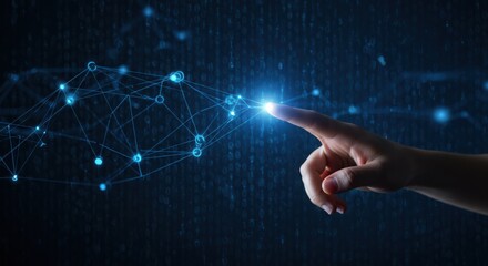 Photo of a hand reaches out to touch a glowing network of connections formed by lines and points against a dark blue background of binary code