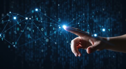 Photo of a hand reaches out to touch a glowing network of connections formed by lines and points against a dark blue background of binary code