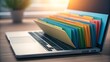 © Al - Digital organization concept with colorful file folders emerging from a laptop screen on a wooden desk