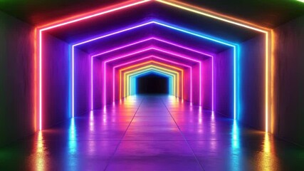 Wall Mural - neon light tunnel glowing colorful lines creating futuristic vibrant corridor reflection on shiny ti