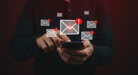 Photo of a man is checking his smartphone for urgent email notifications, many red alert icons are floating above the phone