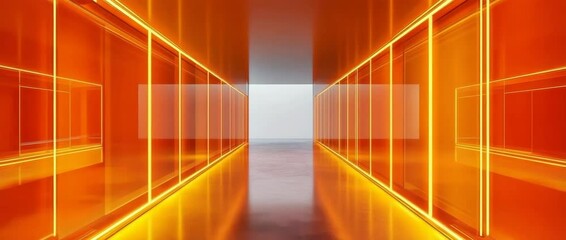 Wall Mural - futuristic corridor glowing orange neon lights reflective floor vibrant modern hallway interior ligh