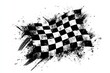 © Ultimate Image Flow - Checkered race flag with grunge effect and tire tracks on a white backdrop