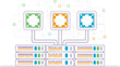 © VECTORIXX - Illustration of network servers connected to colorful nodes with square outlines and lines