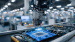 © Maksym - Close-up of automated conveyor arm assembling smartphone components, microchips precisely placed with robotic precision, gleaming electronics in clean tech factory