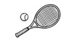 © Olga Ко - Tennis racket and ball — vintage sketch doodle vector illustration on white background.