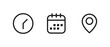 © Budiman - Clock, calendar, and location pin icon in black line style. Ideal for interface, schedule, travel, event, time, and navigation related design. Clean and simple vector illustration.