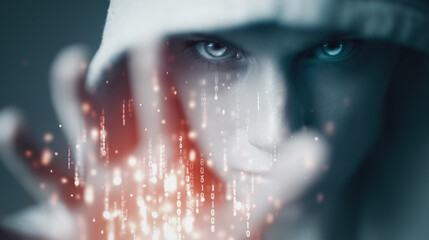 Wall Mural - mysterious code wizard: a person with their face partly hidden, hand outstretched as digital code st