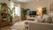 © Yura - Bright and Modern Living Room with Neutral Tones, Large Indoor Plants, Comfortable Sofa, and Minimalist Decor
