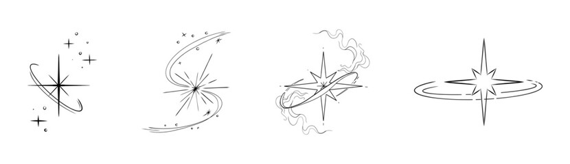 Wall Mural - Abstract y2k line star, tattoo aesthetic doodle or sketch. Sparkle swirl silhouette line light, move, trail. Retro space orbit geometric 