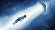 © Olesya - Woman being abducted by a UFO with a bright beam of light in space. Mysterious alien abduction event. World UFO day.