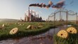 © StudioBackground - Whimsical factory landscape with giant cookies, ornate gate, and polluted sky