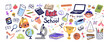 © Paper Trident - Set of school items in doodle style. Drawing icons of elementary education. Books for learning, stationery for studying, students' supplies. Hand drawn isolated vector illustration on white background