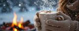 Cozy person in knitted mittens holding a steaming mug of hot cocoa by a warm campfire in a snowy winter landscape with falling snowflakes, Winter Holidays.